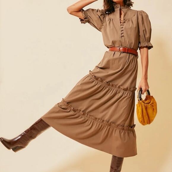 Tuckernuck Pomander Place Selena Scallop Tiered Collar Brown Maxi Dress, Size XL